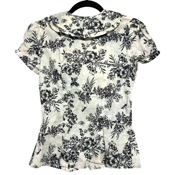 Romy Womens Small Floral Button-Down Blouse With Ruffle Collar Short Sleeves 100 - Picture 2 of 8